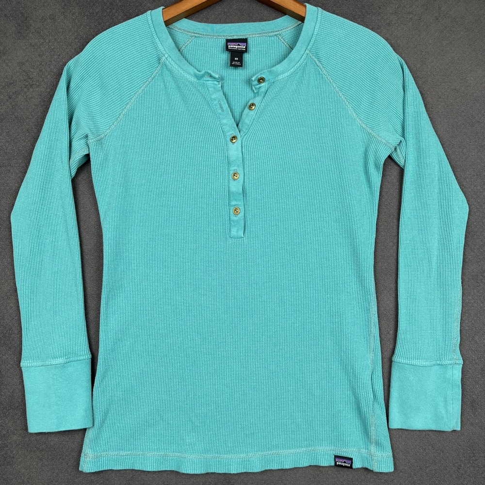 Patagonia Waffle Henley Top Womens XS Teal Long Sleeve Organic Cotton 54315